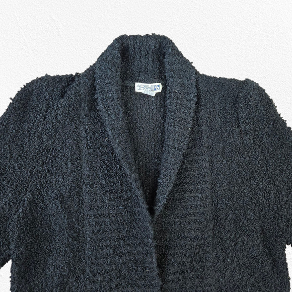 1980s Black Boucle Knit Shawl Cardigan Minimalist Wool Blend Jacket Size Small - Picture 3 of 7